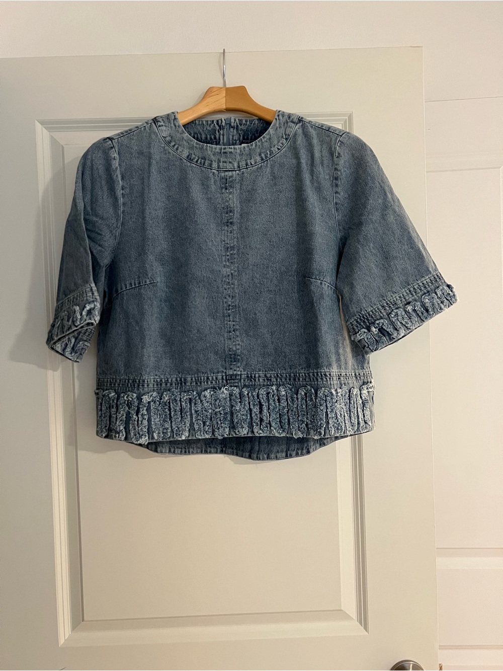 bohme Washed Denim Blue Embroidered Hem Top - Picture 4 of 8